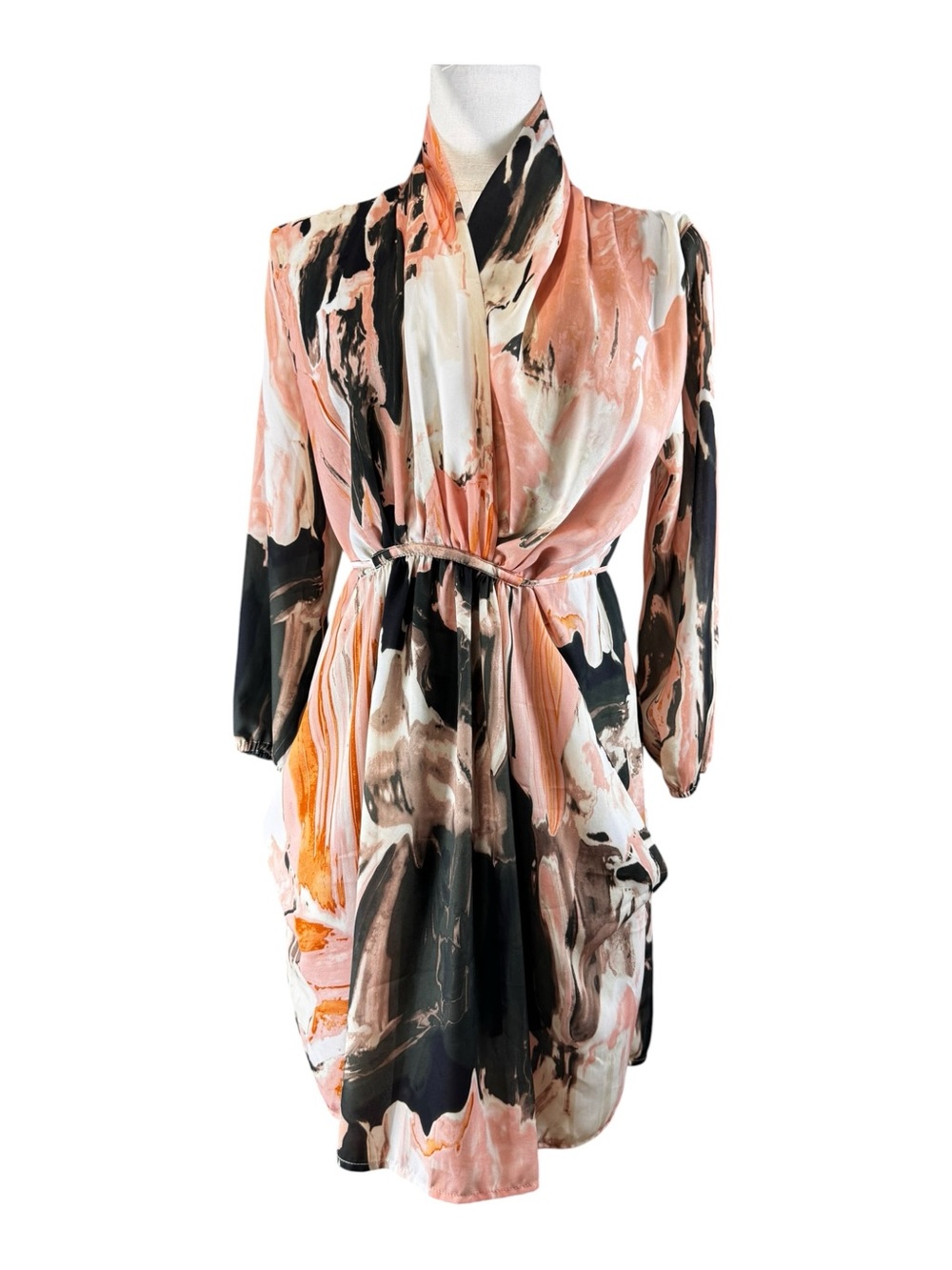Bar III Abstract Marble Print Long Sleeve Surplice Draped Dress Pink Black XS